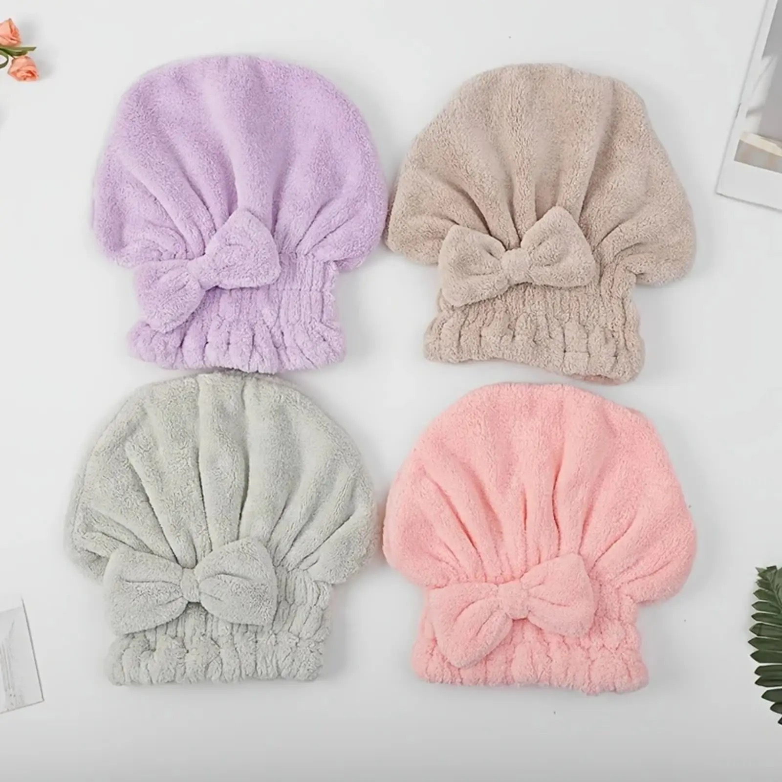 Women's 2-4 Piece Bow Decor Shower Caps & Hair Drying Cap Set - Ultra-Absorbent Reusable